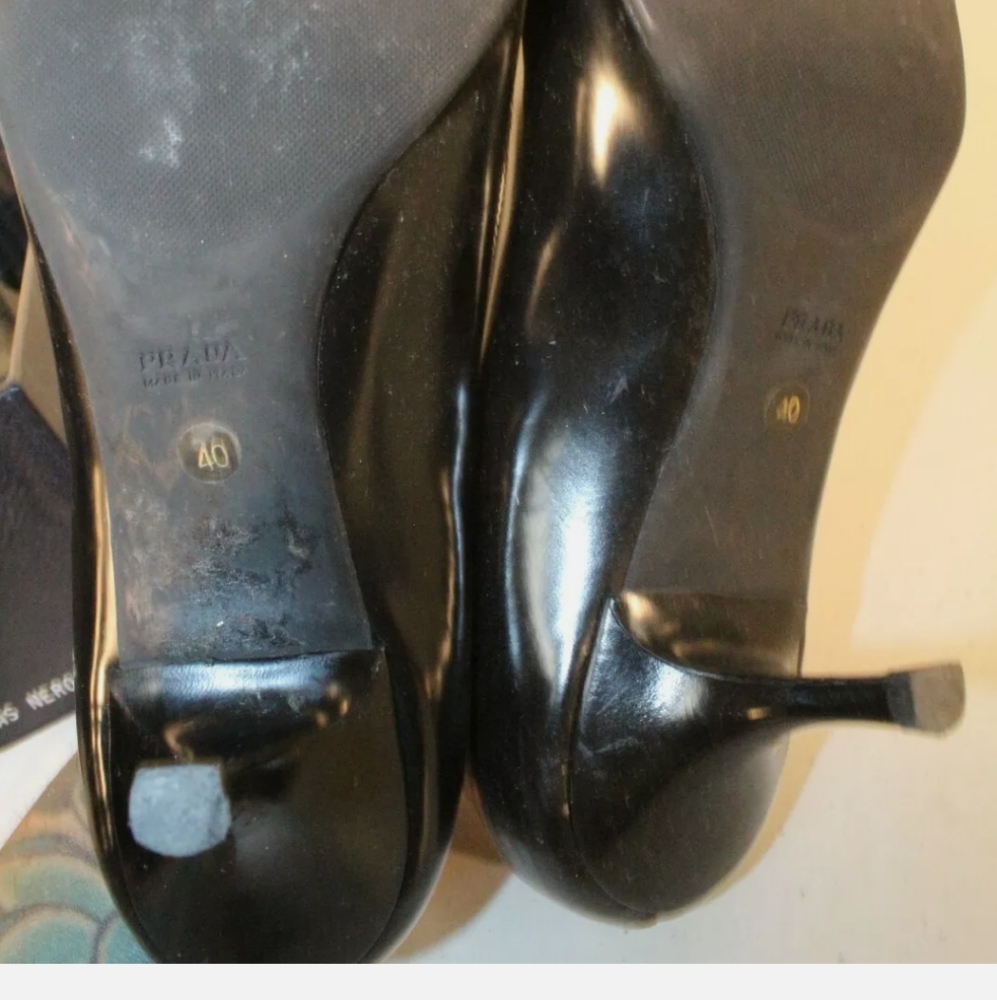 PRADA 1K9865 65 Spazzolato Clas Nero Heels pumps Shoes Size 40 open toe with bow - Picture 10 of 12